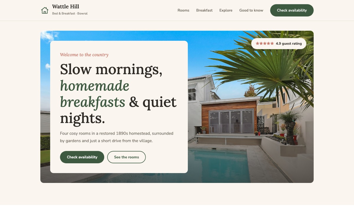 Bed & Breakfast theme — Wattle Hill home page