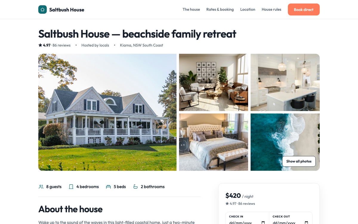 Holiday Rental theme — Saltbush House home page