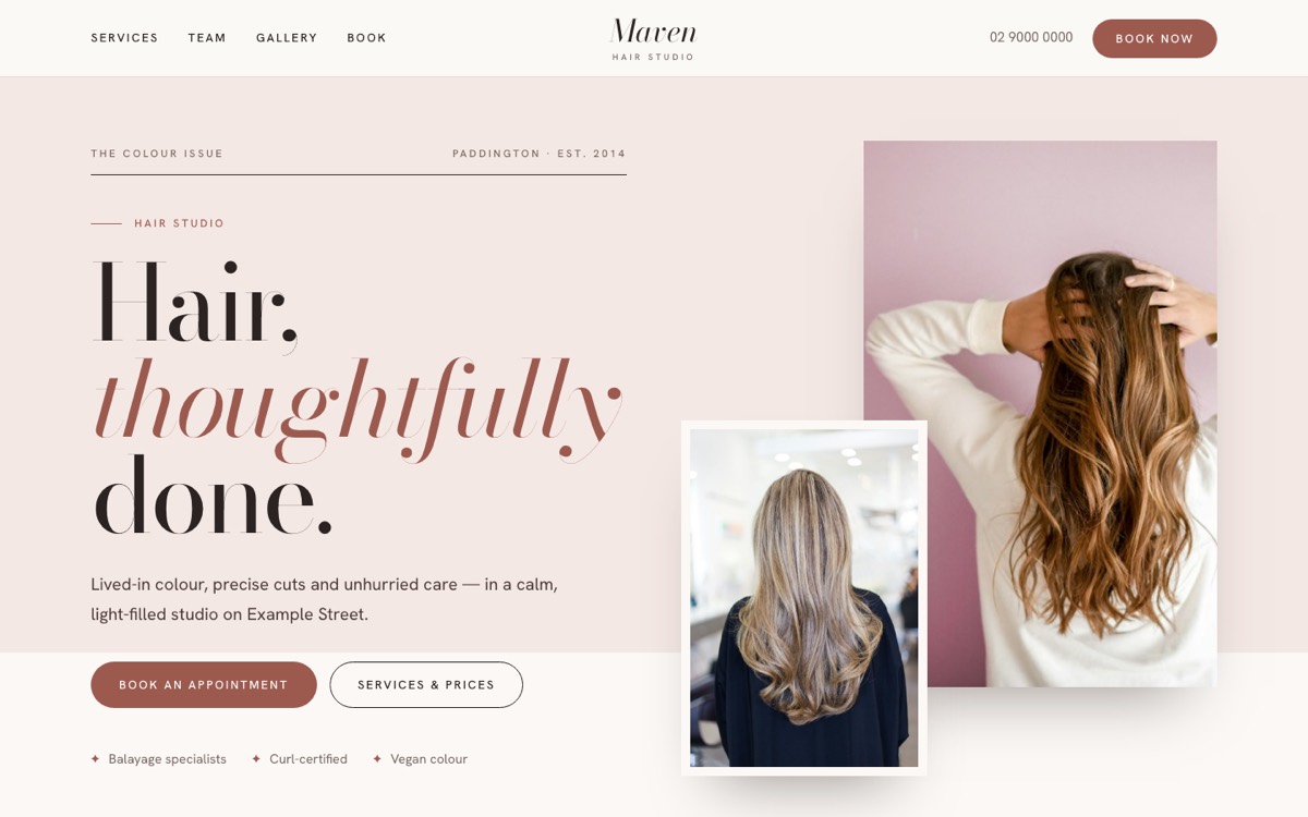 Salon theme — Maven Hair Studio home page