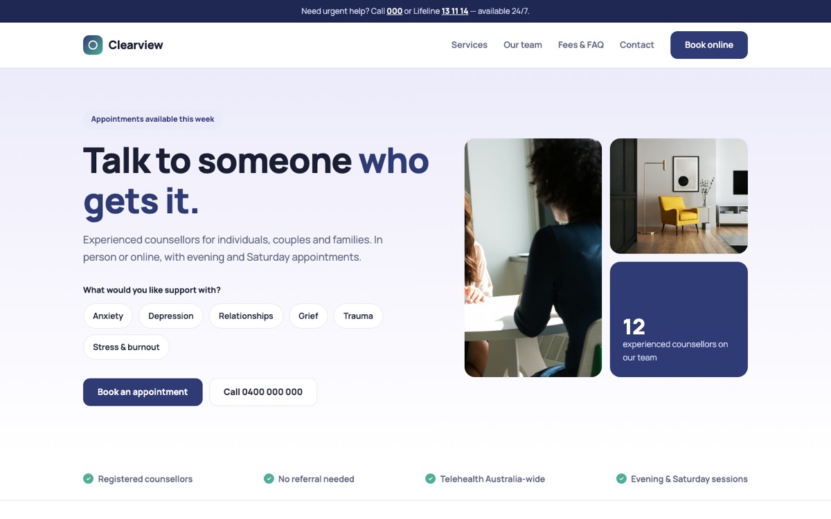 Clinic theme — Clearview Counselling home page