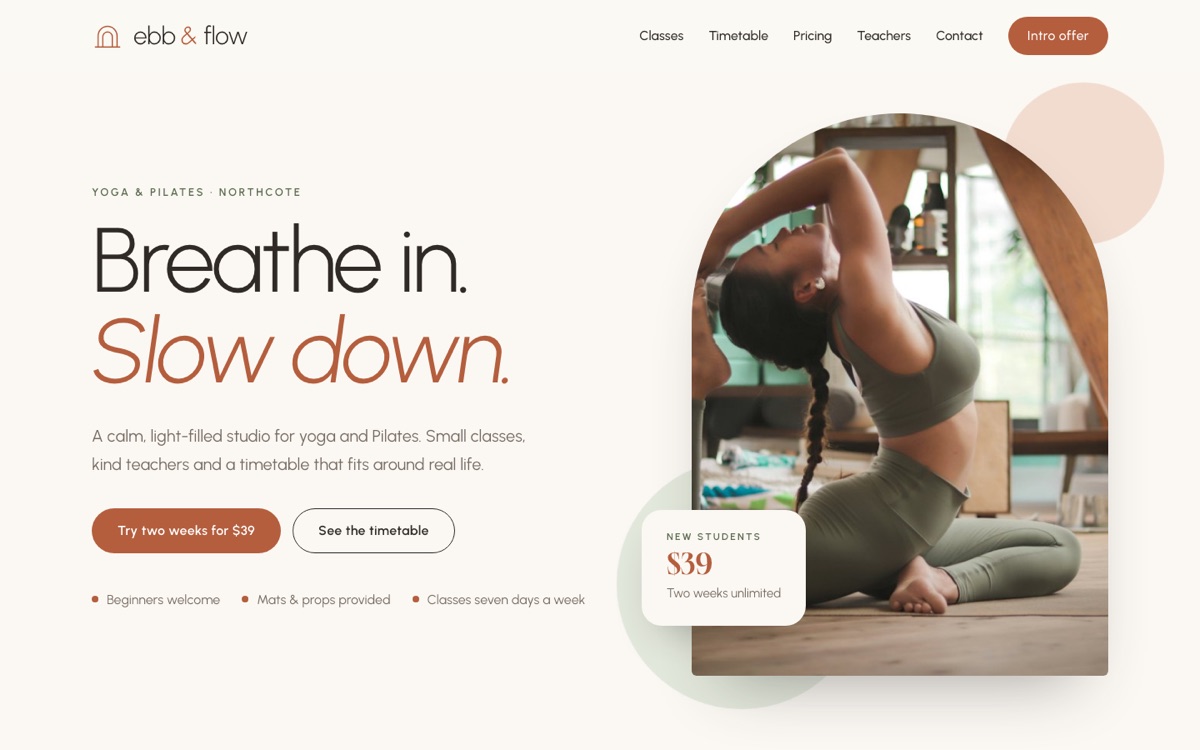 Studio theme — Ebb & Flow home page