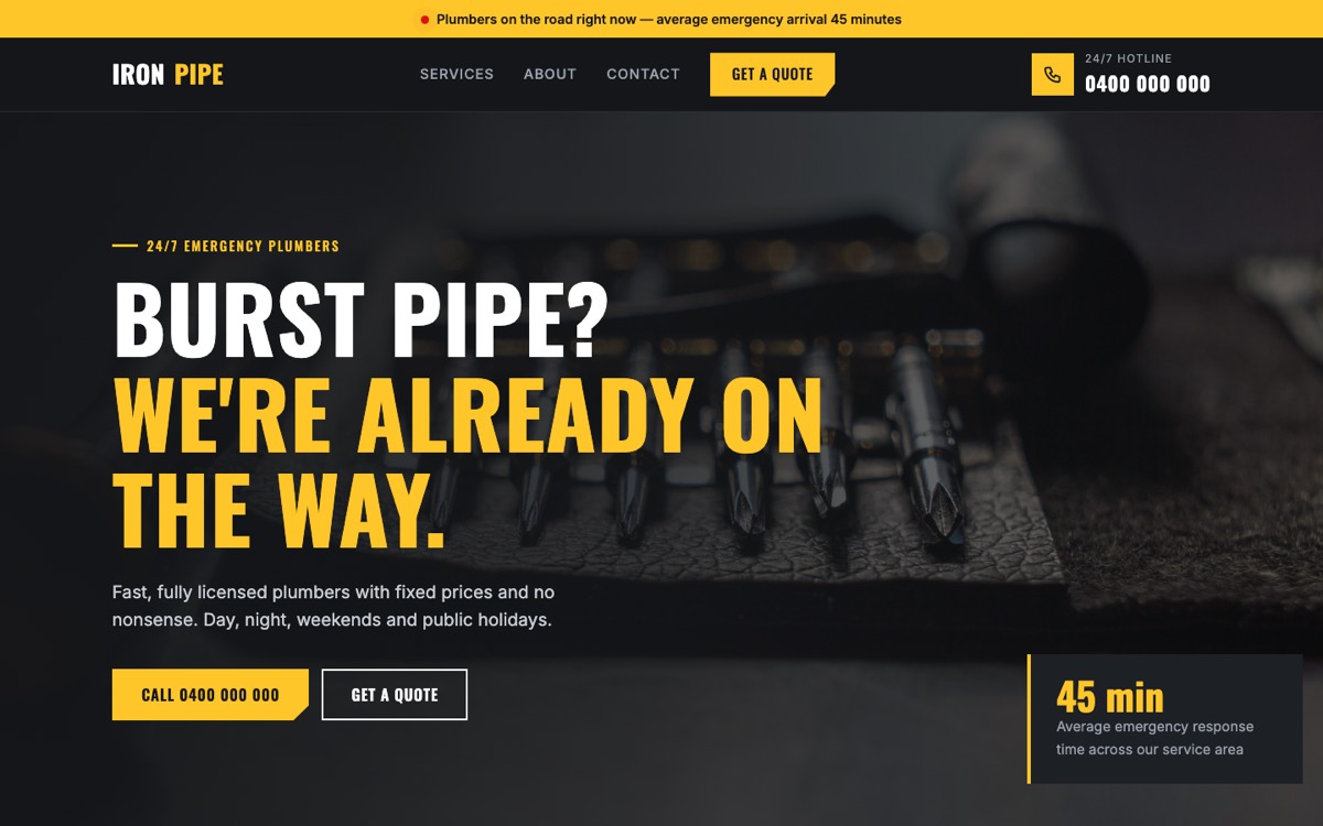 Industrial theme — Ironpipe Plumbing home page