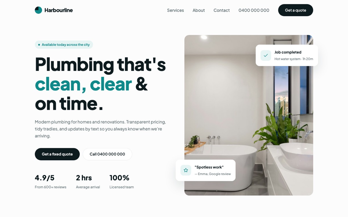 Modern theme — Harbourline Plumbing home page
